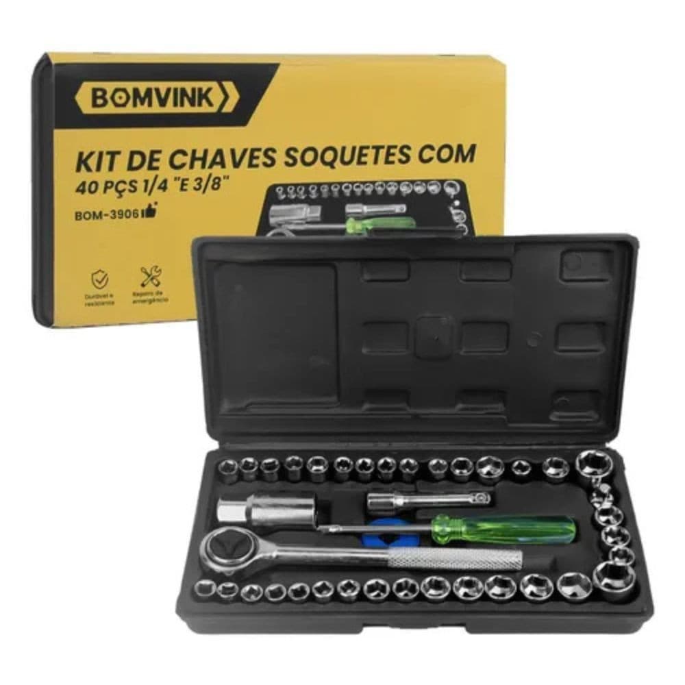 Jogo Chaves Soquetes 40 Peças 1/4 E 3/8 Conjunto Ferramentas