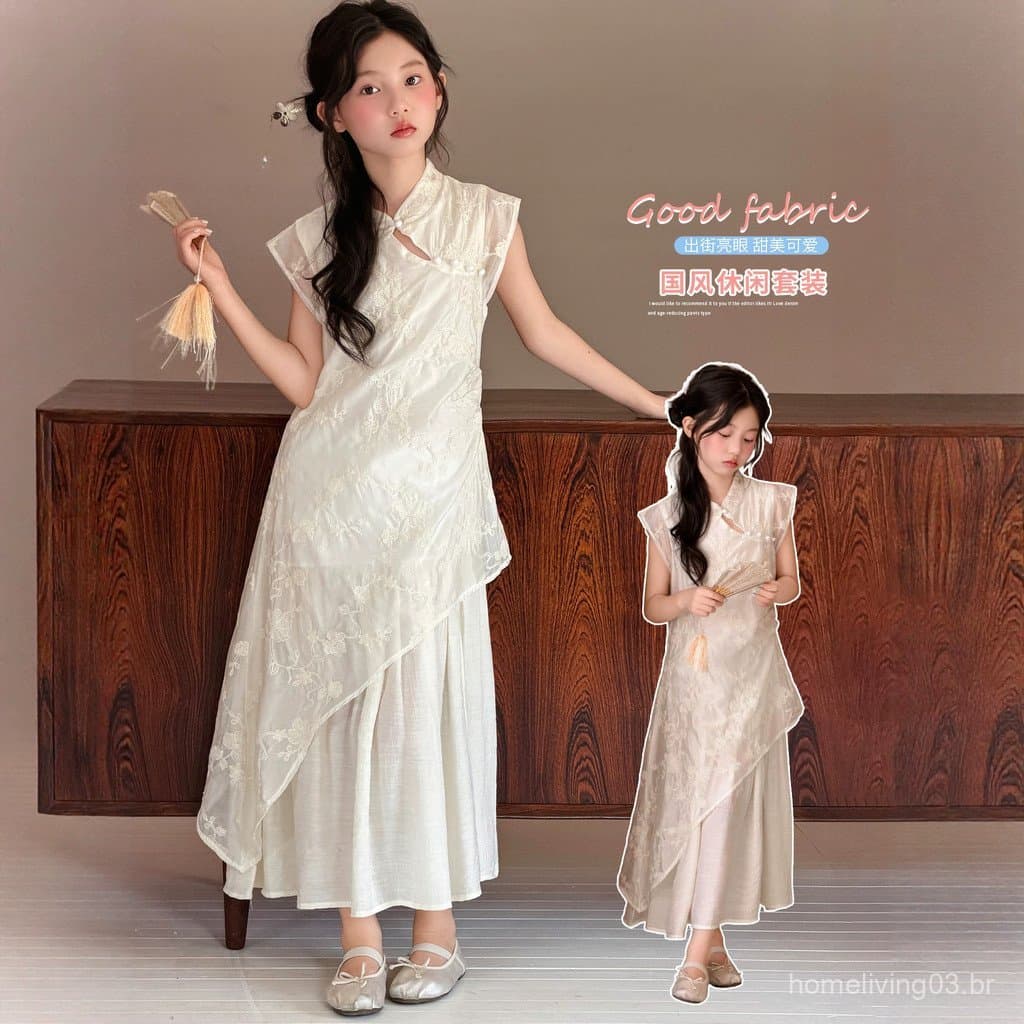 Vestido cheongsam estilo chinês para meninas, vestido de princesa infantil elegante e moderno para o verão, vestido eleg