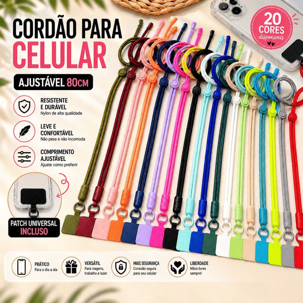 Cordão para Celular Ajustável Crossbody Universal Upgrade – Anti Queda, Alça Removível, Mãos Livres