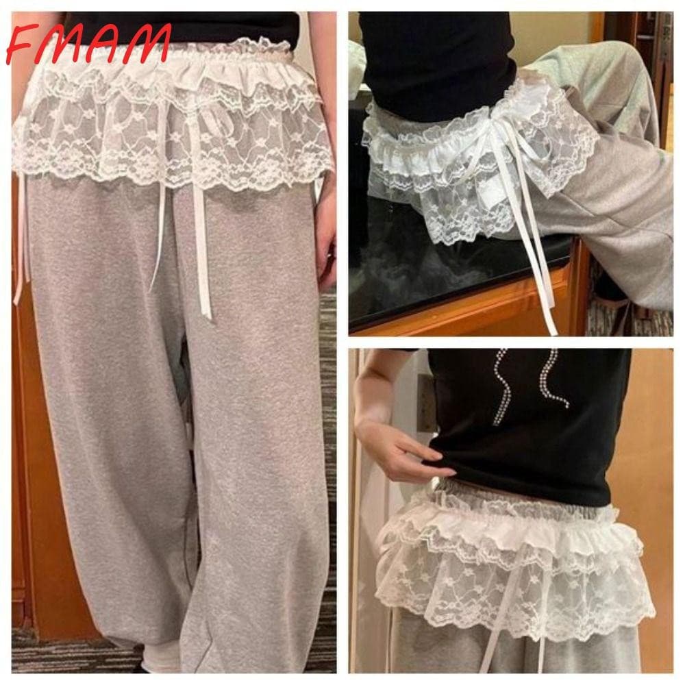 FMAM Saia Com Babados E Renda , Minissaia Transparente De Flores Bordadas , Saias Plissadas Y2K Streetwear