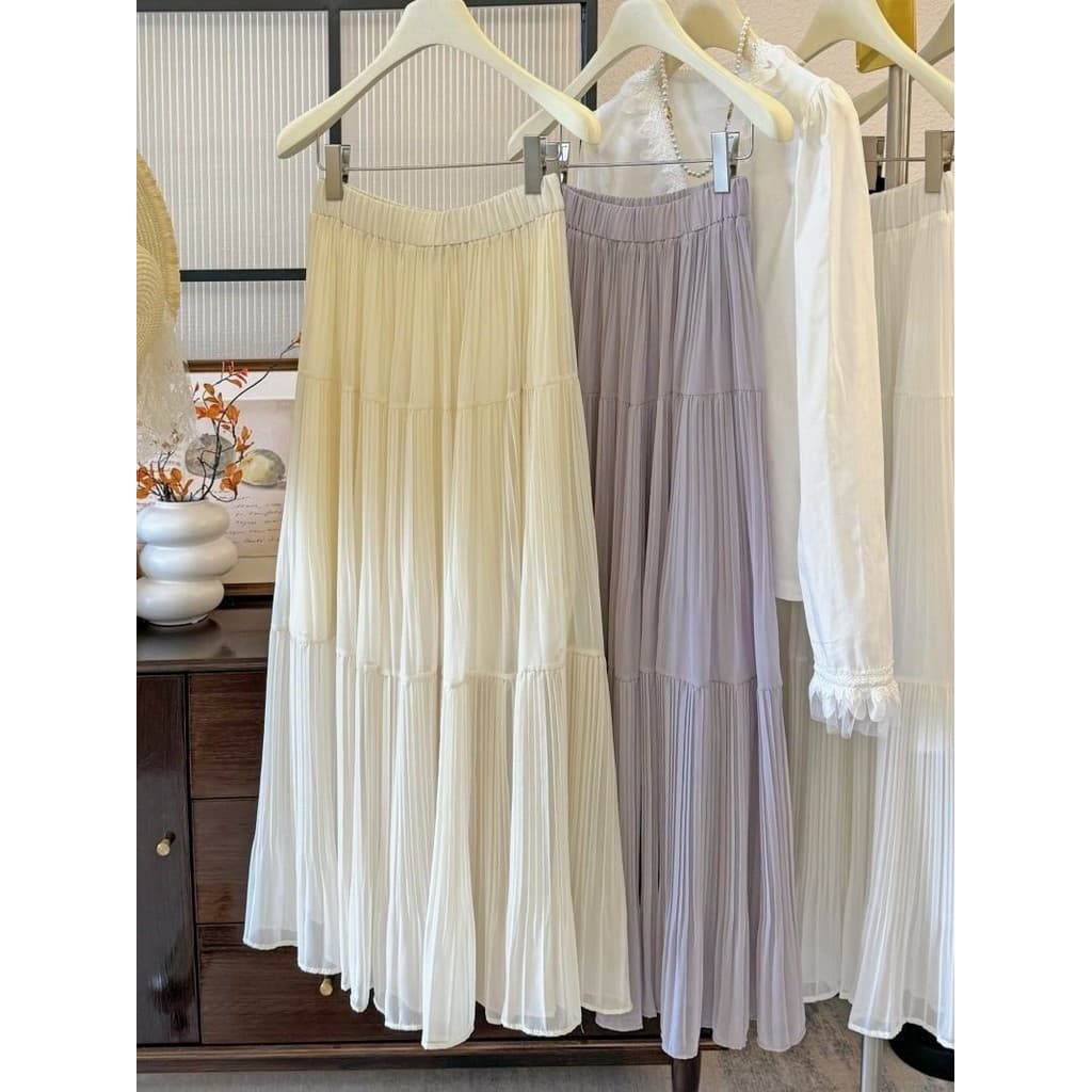 Yuwu Wisteria Pressionado Saia Suave Nova Solta Grande Pressionada Bainha A Linha Longa Versátil Para Mulheres Txt061501