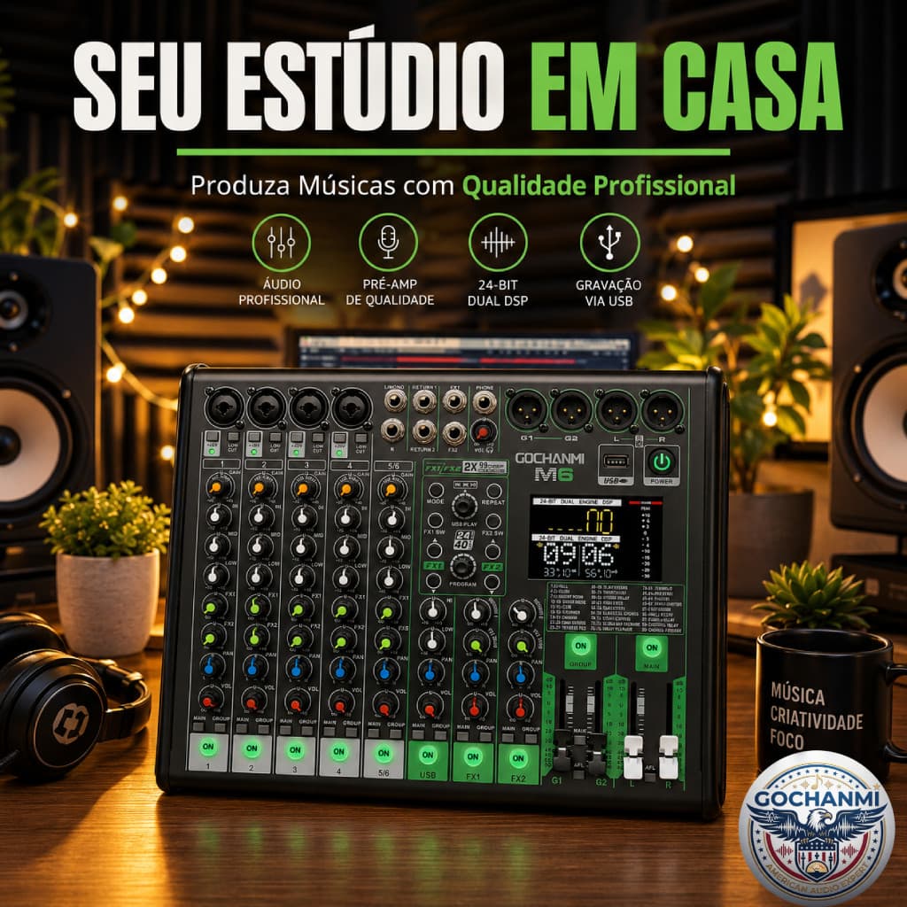 Mixer de Áudio 6 Canais M6 Bluetooth USB Reverb DSP para Apresentações