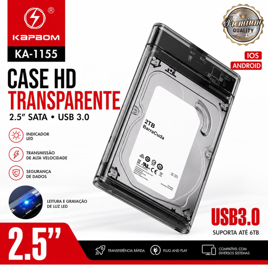 Case HD Externo 2.5 USB 3.0 Kapbom KA-1155 Transparente para HD SSD SATA até 6TB Plug Play