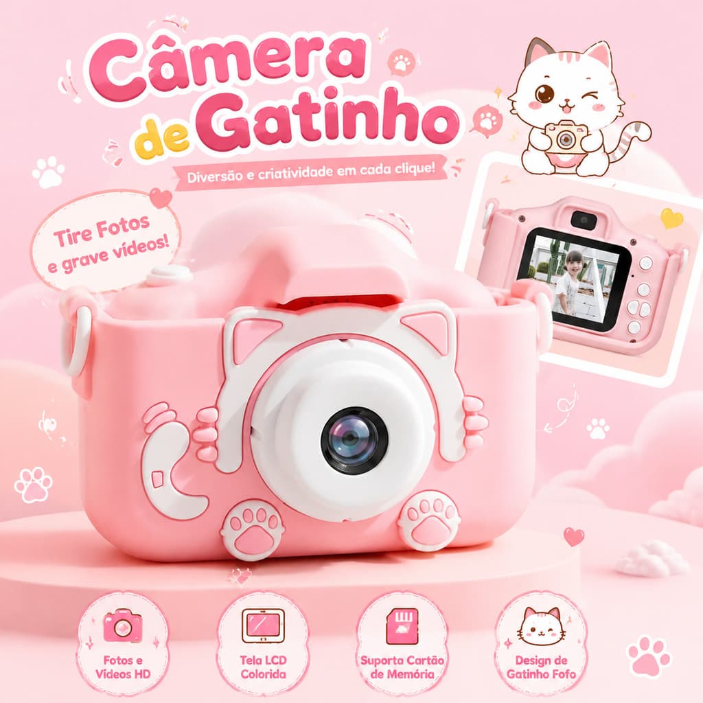 Câmera Infantil Gatinho Rosa Com Fotos E Vídeos Tela LCD De Design Fofo Para Crianças