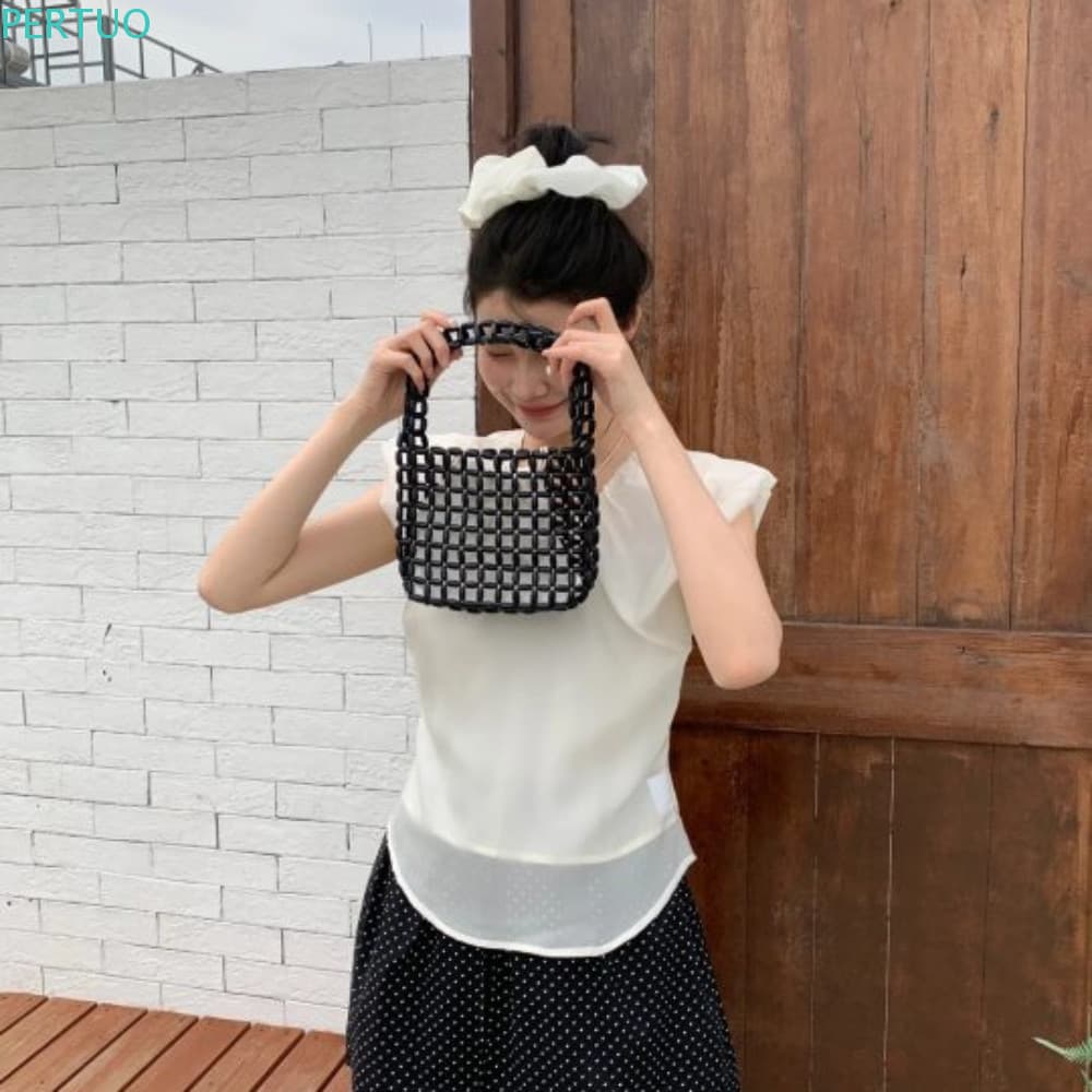 PERTUO Bolsa De Tecido Com Miçangas , Oca Feita À Mão De Cor Pura Casual Vintage Boho Criativa Aberta Para Meninas