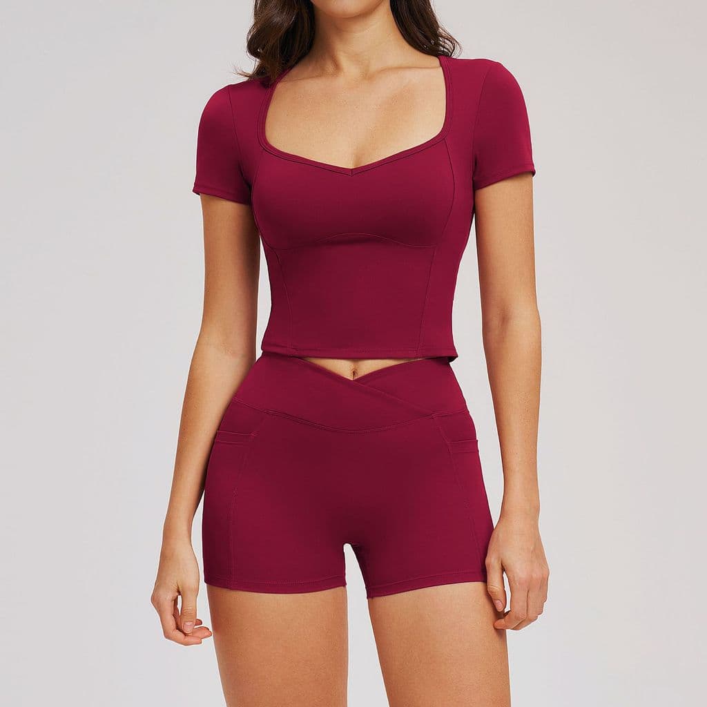 Mao's Nude Camiseta Esportiva de Manga Curta Top Moda Cruz Cintura Alta Hip-Lifting Yoga Shorts Fitness Duas Peças