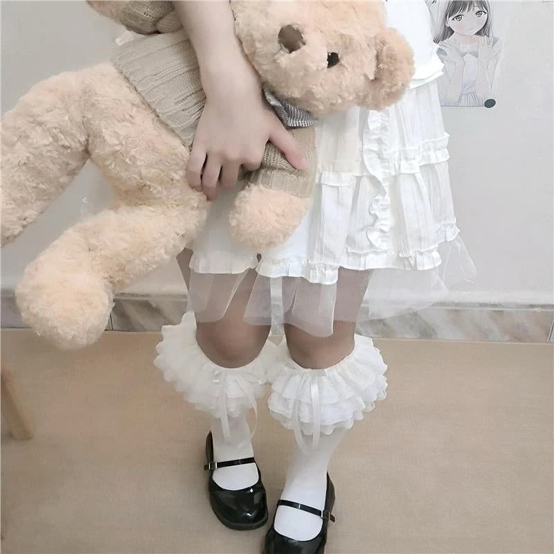 Lolita rendas Multi-camada rendas bezerro meias femininas jk doce arco lolita meias de tubo médio com botas boneca