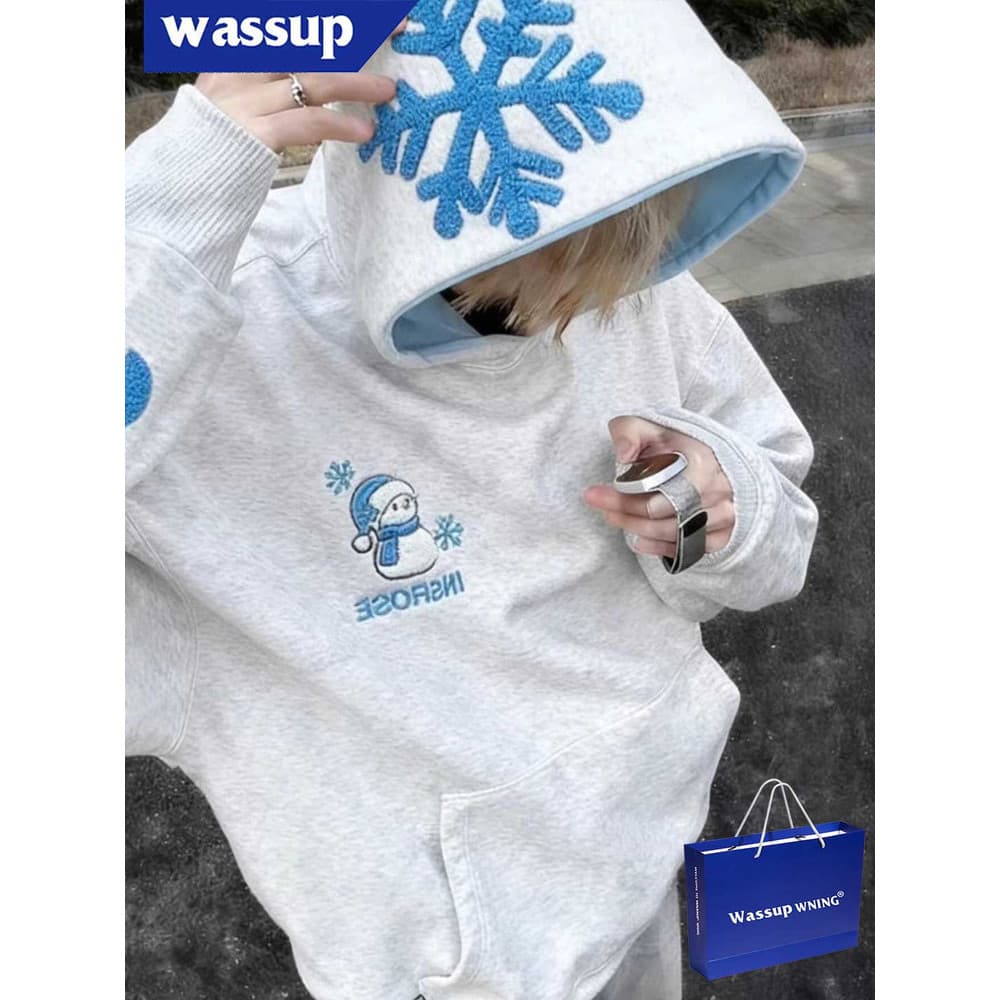 WASSUP National Trendy Snowflake Bordado Moletom Com Capuz Masculino Outono Inverno Forro de Lã Engrossado Casal Solto