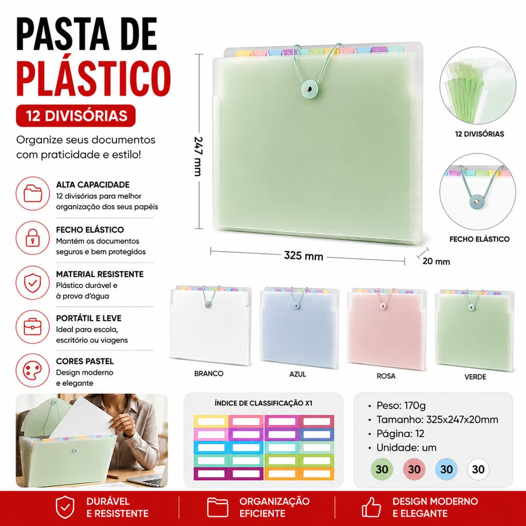 Pasta de Arquivo Sanfonada A4 12 Divisórias com Elástico em Polipropileno Escolar e Escritório
