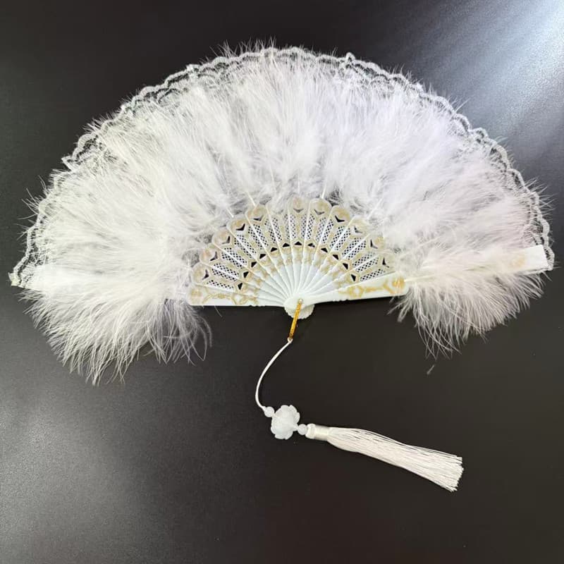Novo estilo chinês branco pena renda dobrável ventilador verão estilo chinês estilo antigo Hanfu Cheongsam leque de danç