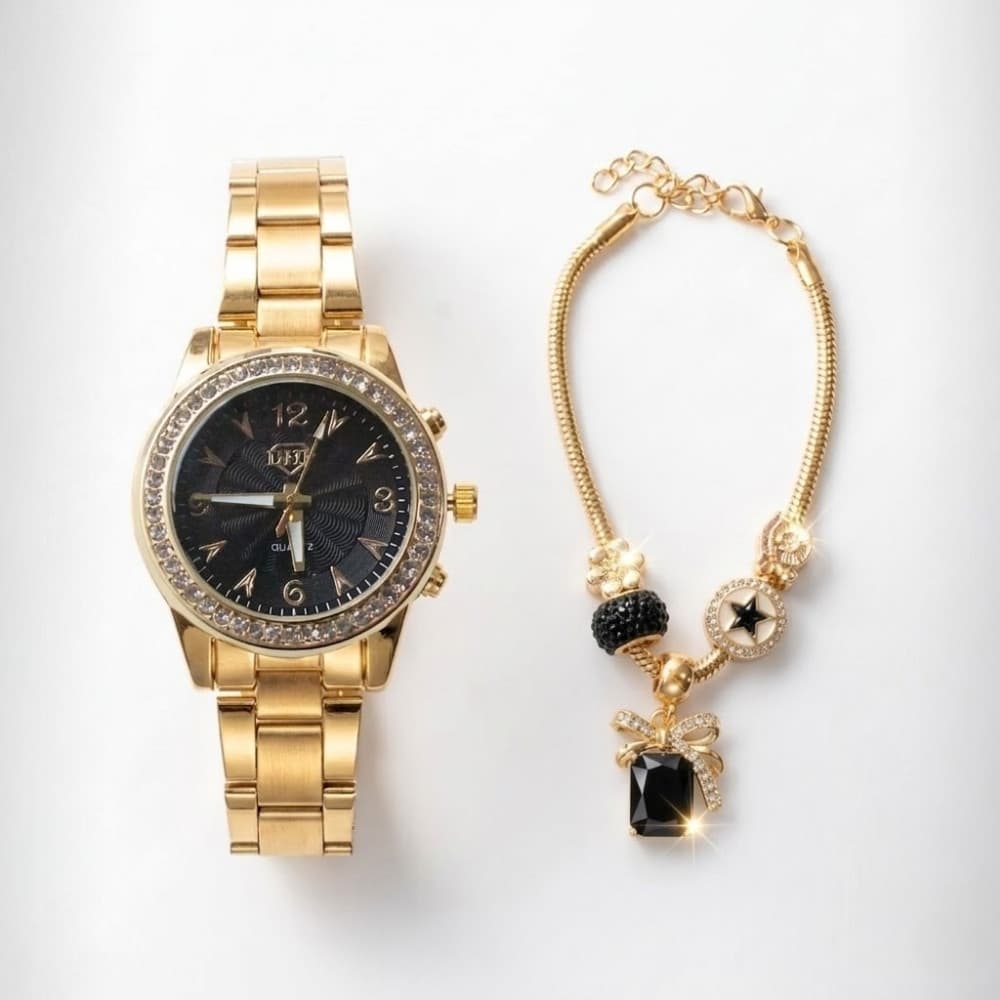 Relógio Feminino DHP  Resistente À Água + Pulseira Dourada