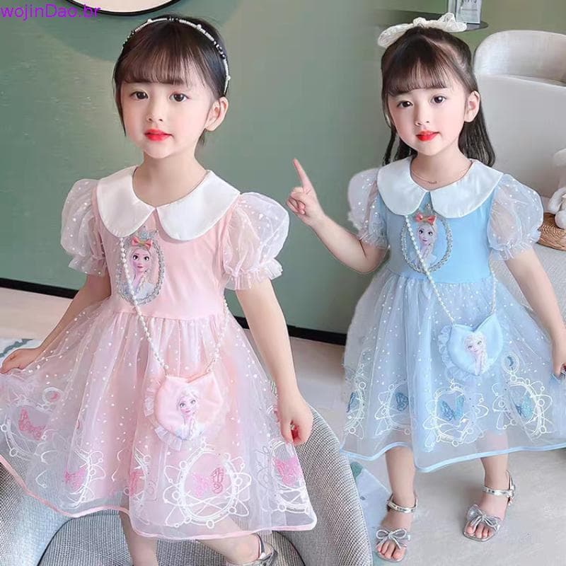 [Bolsa Grátis] Vestido De Princesa Elsa Para Meninas Novo Infantil Congelado Estilo Ocidental Saia De Tule Manga Curta B