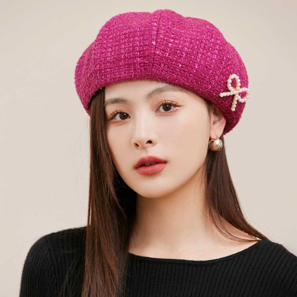Outono inverno boina de lã octogonal chapéu feminino All-Match Bowknot rosa vermelho personalidade na moda estilo japonê