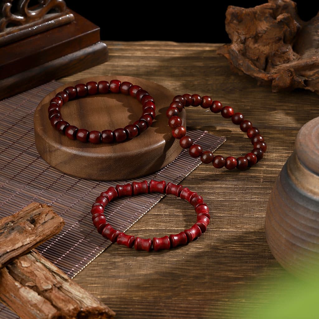 Folha pequena vermelho sândalo sangue sândalo contas redondas pulseira elástica de bambu masculino 8mm único círculo Wen