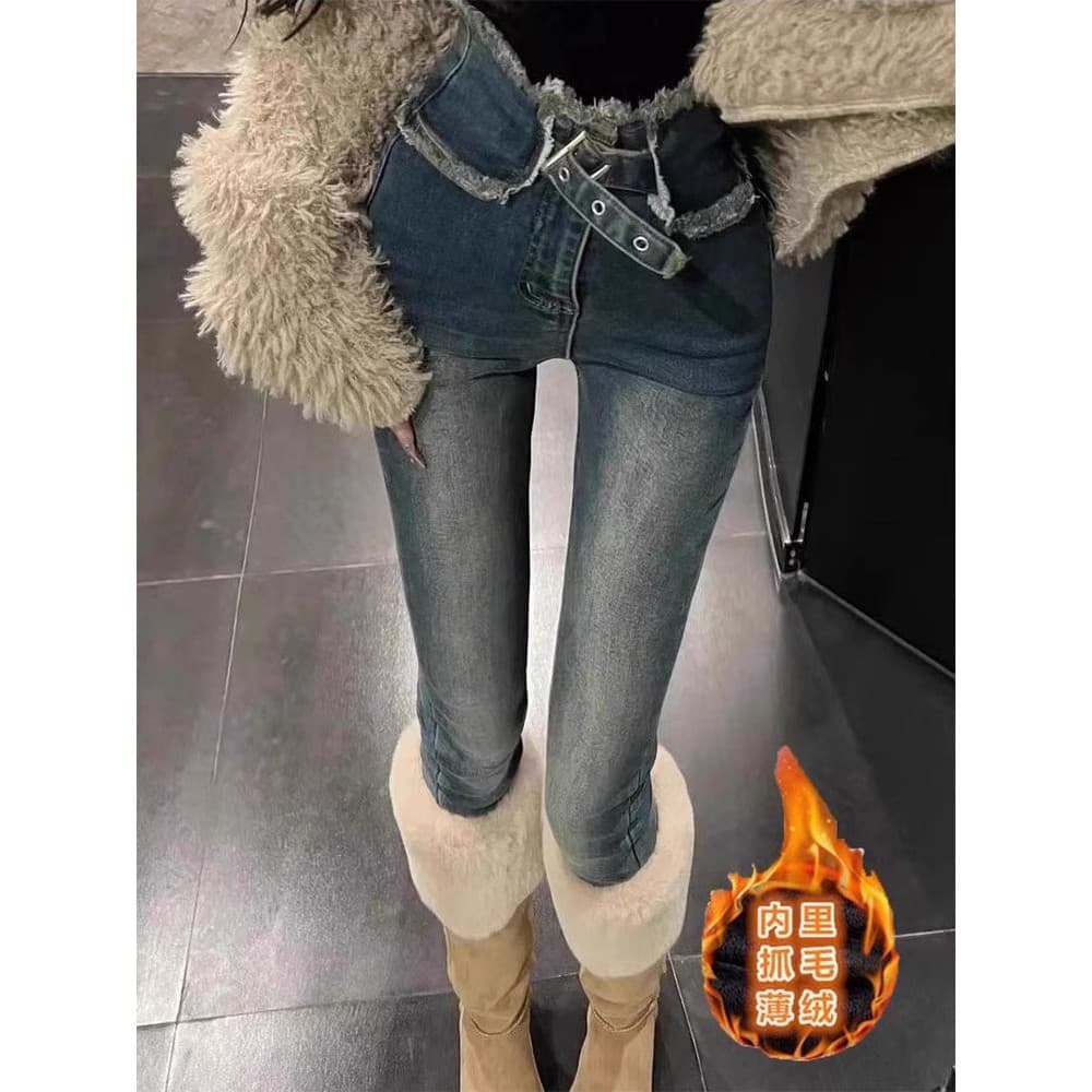Retro Jeans feminino 2025 outono inverno forro de lã pêssego nádegas cintura alta magro estiramento magro lápis calças a