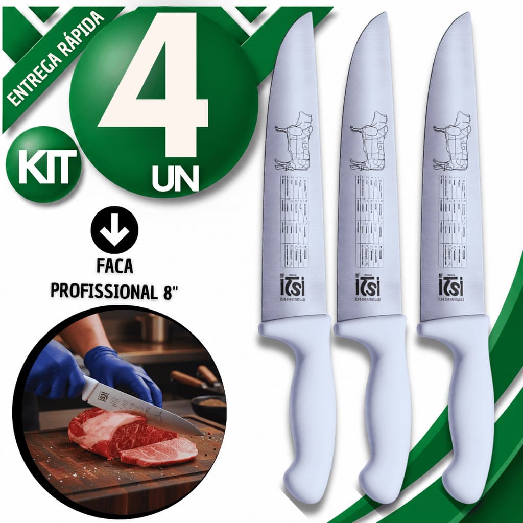 Combo Faca Chef Profissional 8” Aço Inox Afiação Resistência Açougueiro Cozinha Churrasco Utensílios