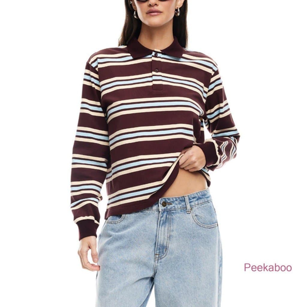 Camisa Casual Feminina Pkb de Manga Longa com Listras e Cores Contrastantes, Gola de Lapela e Botões