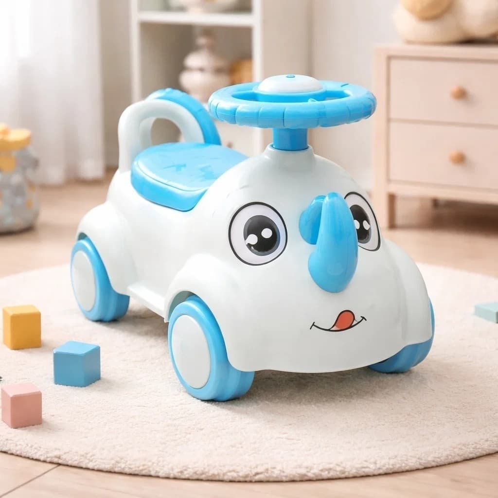 Andador Infantil Rinoceronte Azul Passeio Motinha Empurrador Bebê Equilíbrio Segurança