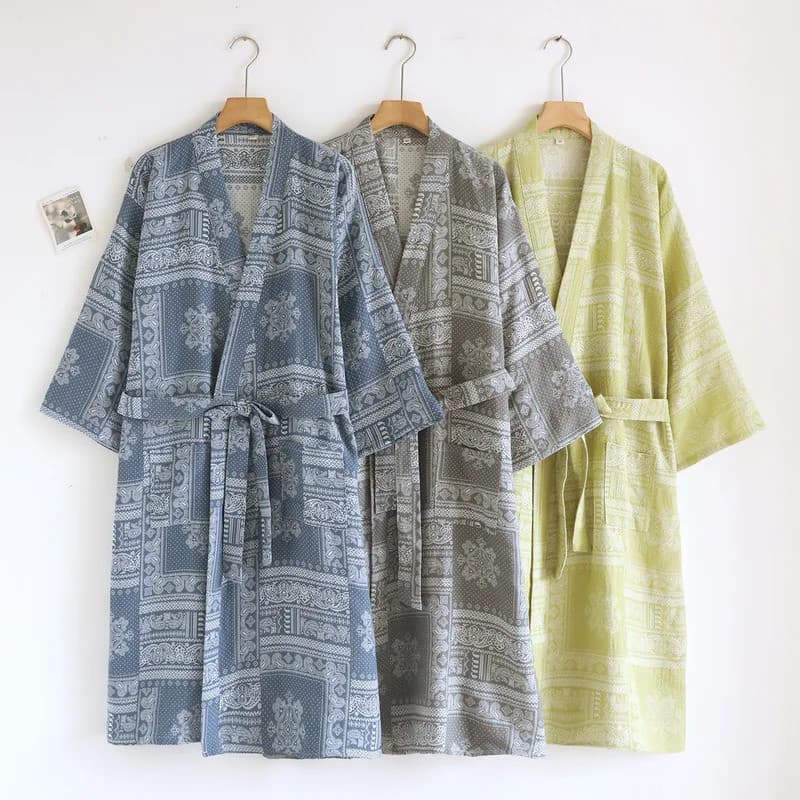 Primavera E Verão Fino Estilo Retro Roupões Masculinos De Tamanho Grande Com Cinto De Algodão Tecido Jacquard Loungewear