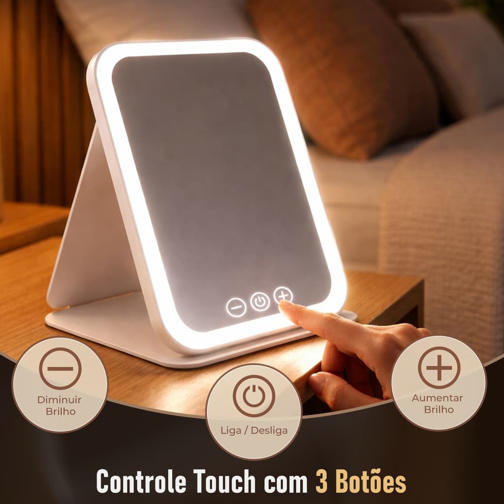 Espelho LED Portátil de Bolsa e Viagem – Ultra Fino Dobrável com Capa de Couro Anti-quebra Recarregável
