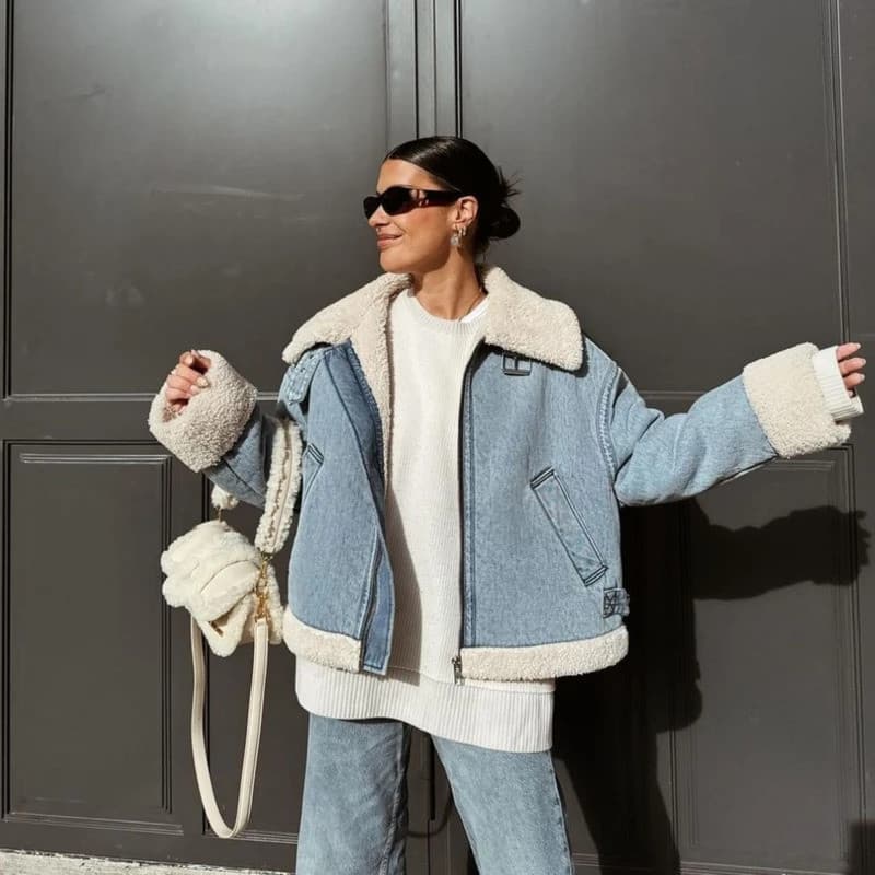 Suninheart2025 Jaqueta Feminina de Denim Azul de Alta Qualidade com Forro de Cashmere Grosso, Casaco Casual com Zíper pa