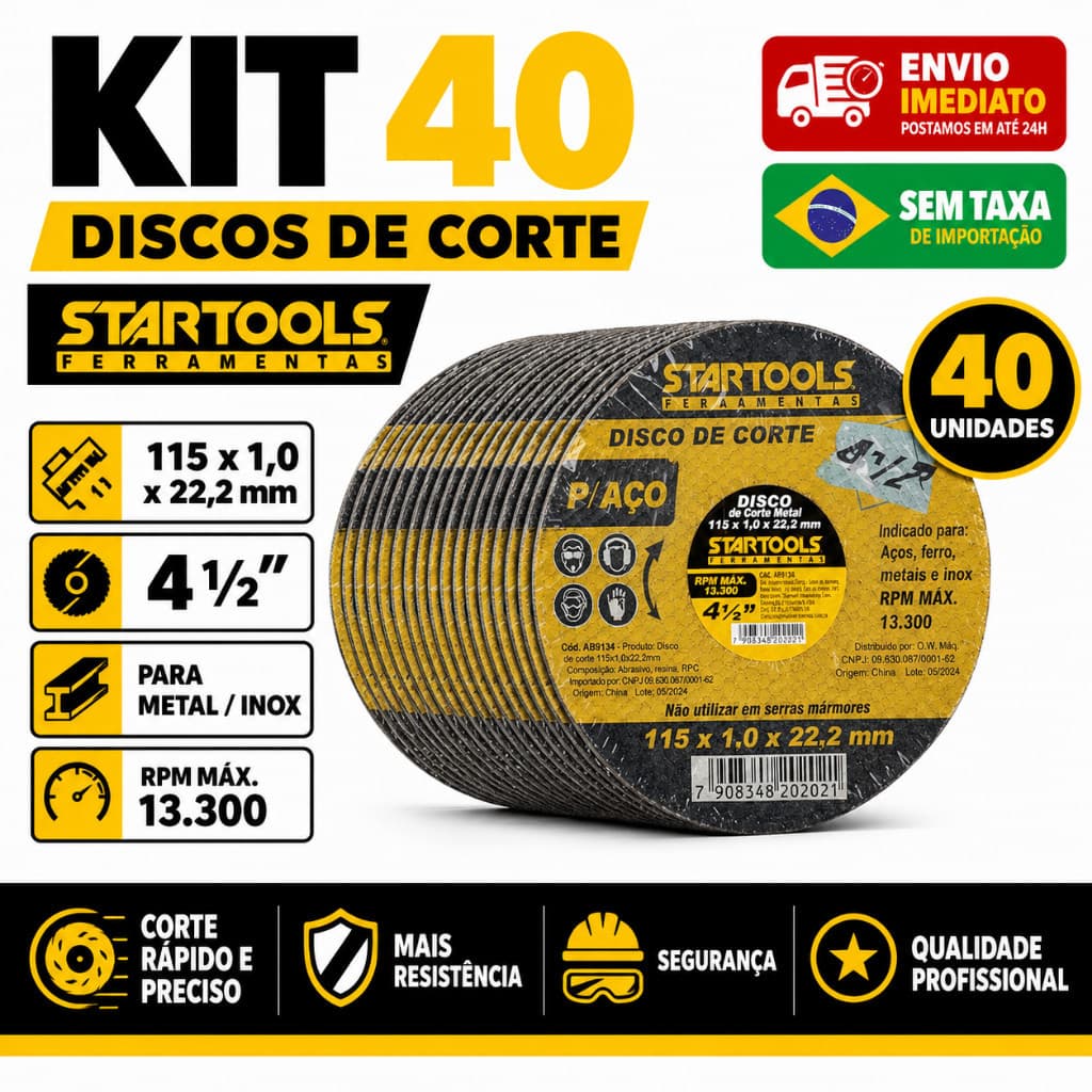 Kit 40 Discos de Corte Startools 4 1/2 Metal Inox 115x1,0x22,2mm