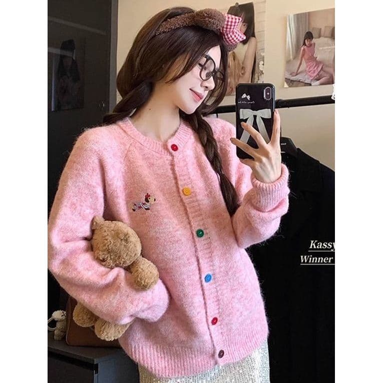 Design botão dos desenhos animados bordado malha Cardigan camisola feminina primavera outono novo estilo doce macio cero