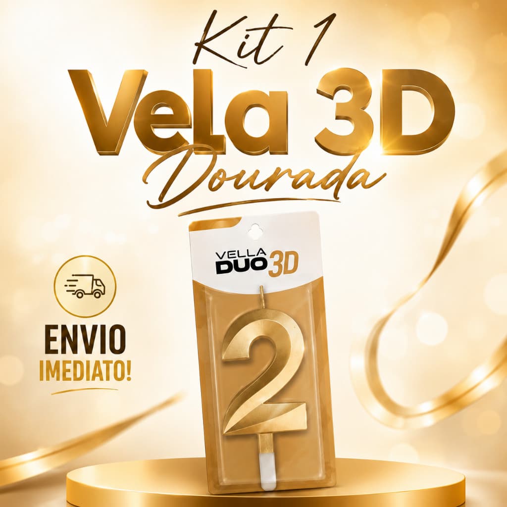 Kit 1 Vela 3D Numéricas Vella Duo Popper Dourada Festa