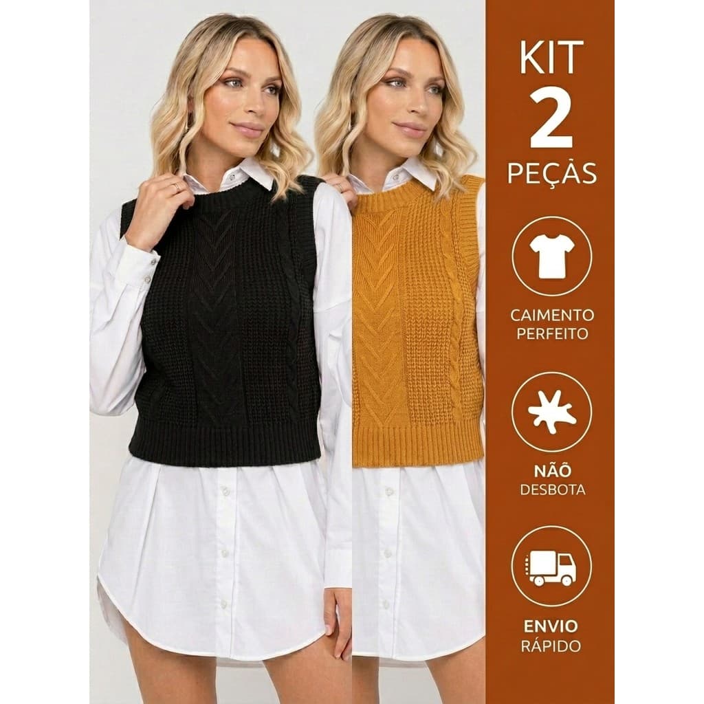Kit 2 Colete Feminino Modal Tricot Premium Macio Confortável Detalhe Tranças Elegante