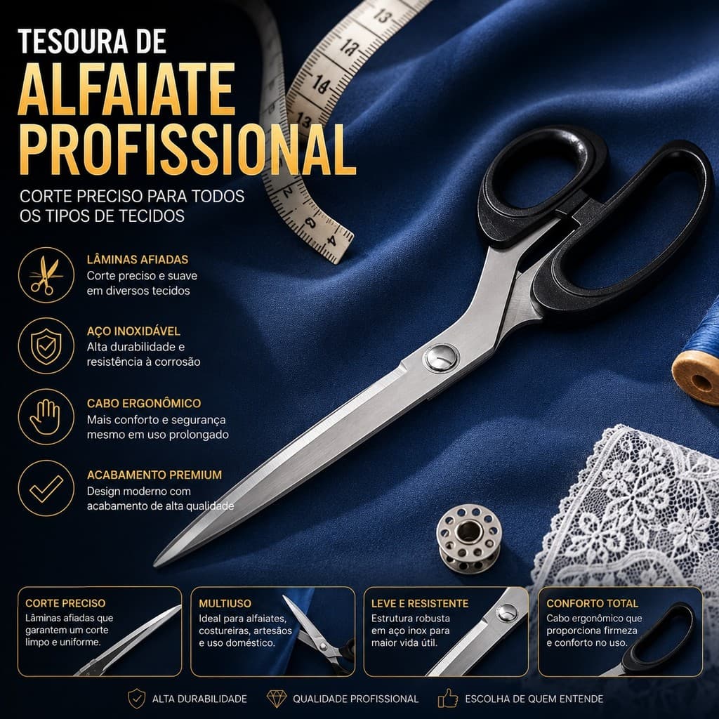 Tesoura Multifuncional Profissional Lâmina Aço Inox Reforçada Corte Perfeito Multiuso  Costura Alfaiataria Artesanato