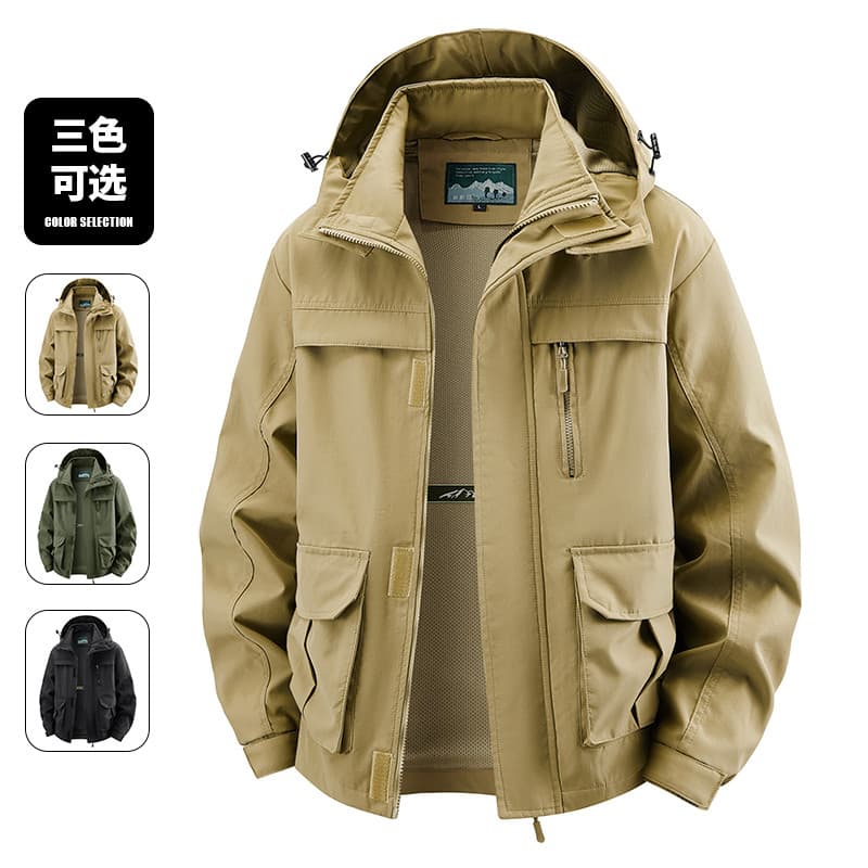 Jaqueta Masculina Cargo Com Capuz E Vários Bolsos Zíper Nylon Forro Externo De Poliéster Destacável Dra