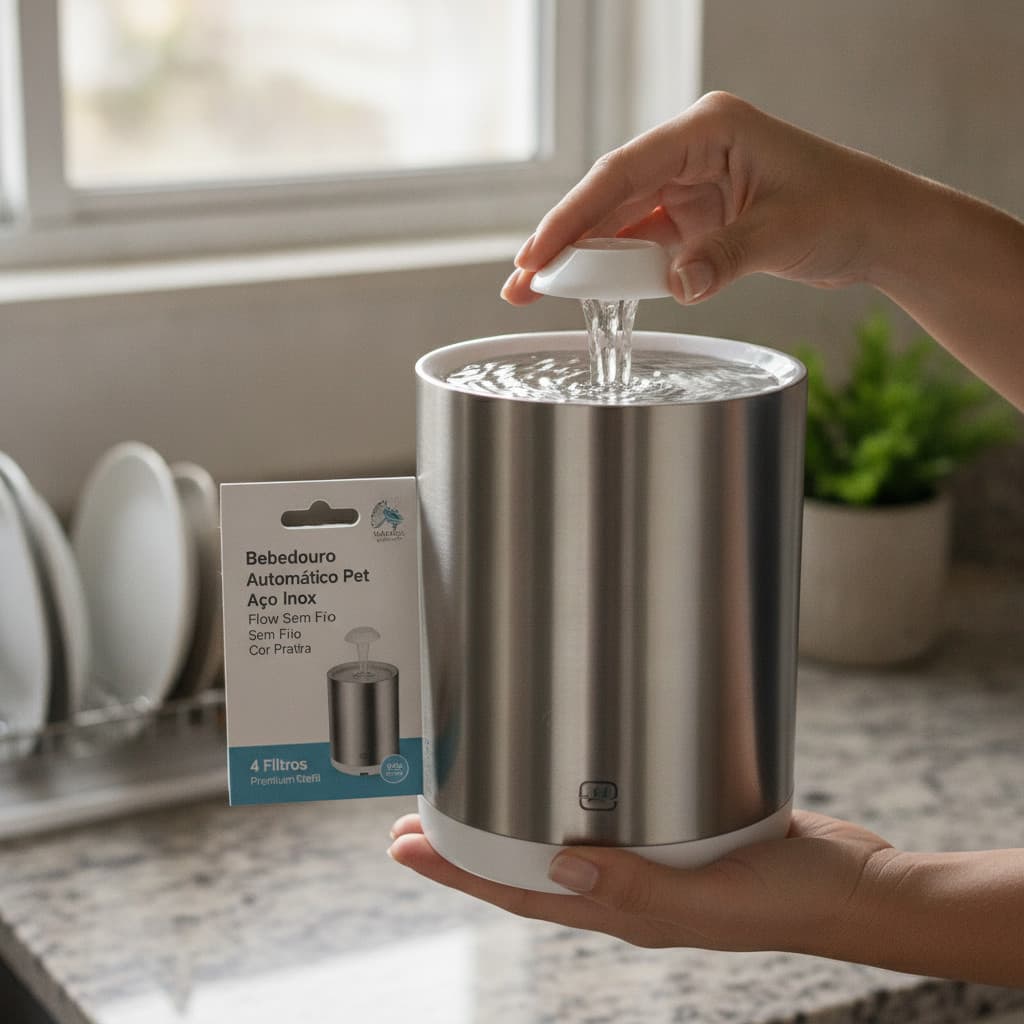 Bebedouro Automático Pet Aço Inox Flow Sem Fio Cor Prata Cães Gatos + 4 Filtros Premium Refil
