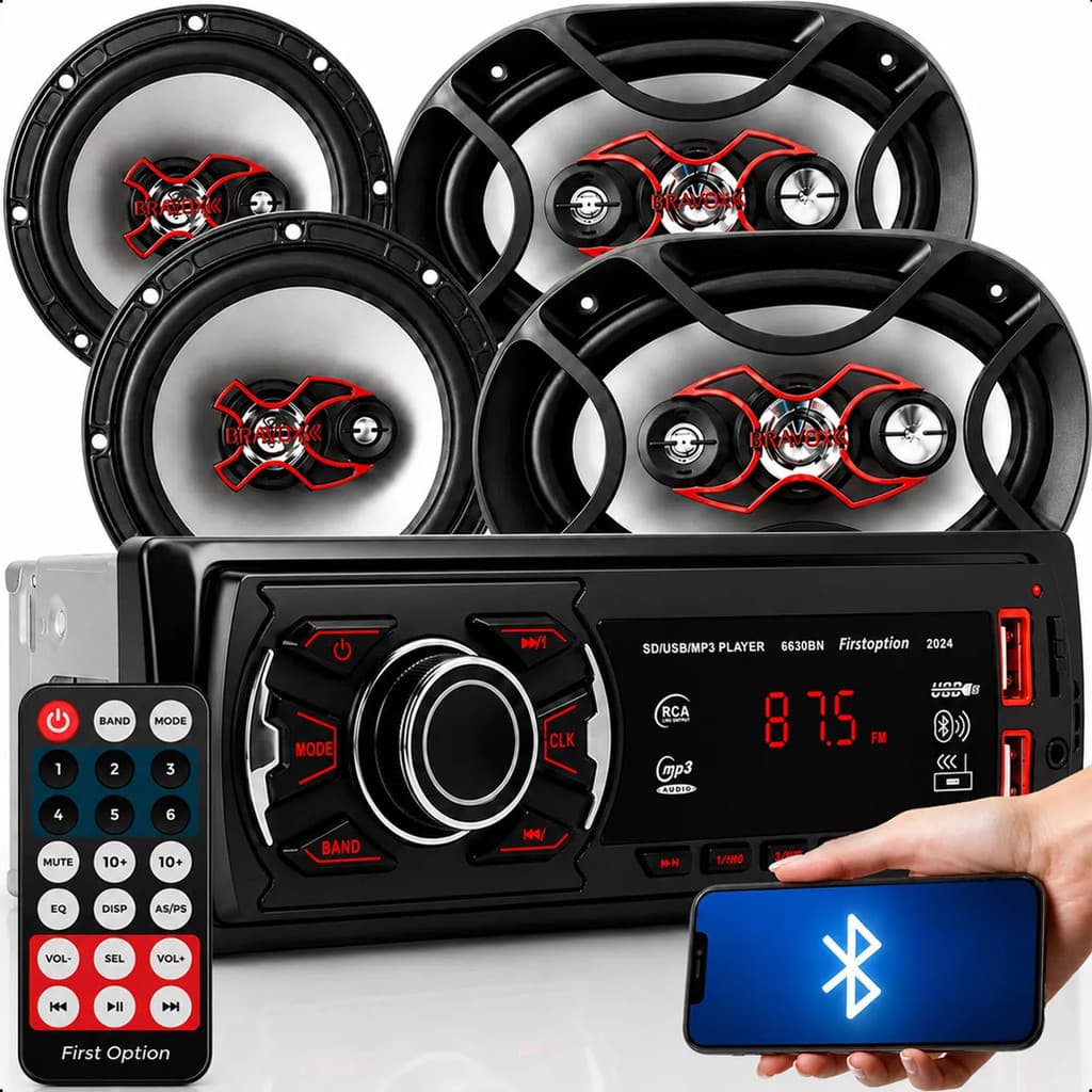 Kit Som Automotivo Rádio Bluetooth Mp3 USB 1 Din + 4 Alto Falantes 6” 6x9 Triaxial Quadriaxial 240W