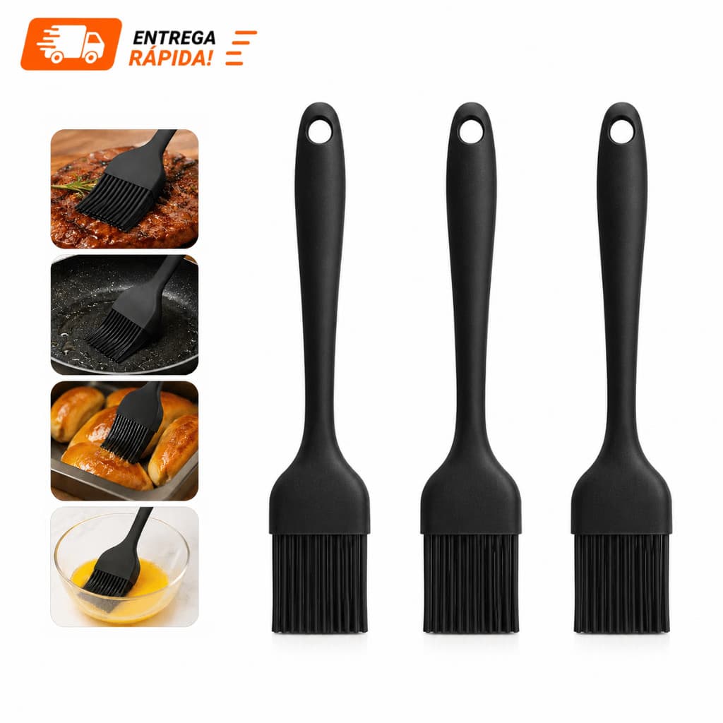 Kit 3 Pincel Culinários Silicone 20,5cm Preto Vermelho Para Churrasco Cozinha Confeitaria Antiaderente Pincéis
