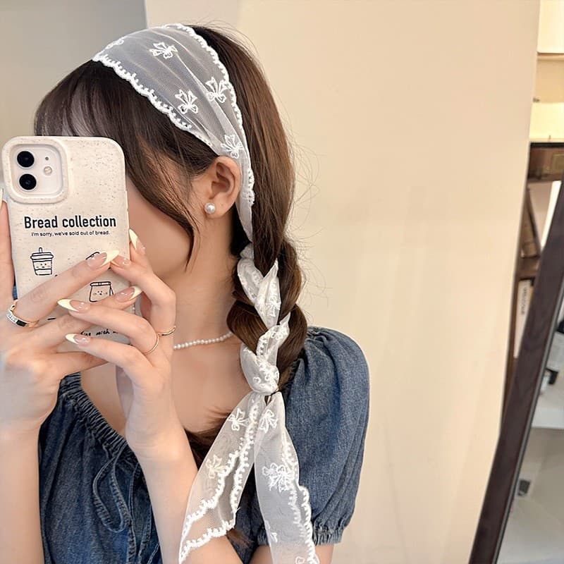 Lenço de cabeça de renda transparente com laços, lenço de seda longo estilo pastoral francês para mulheres, para amarrar