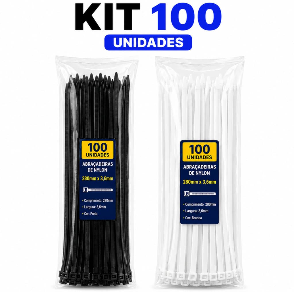 Kit 100 Abraçadeira De Nylon Enforca Gato Cinta Plástica 10cm 15cm 20cm 30cm 40cm Preto Branca