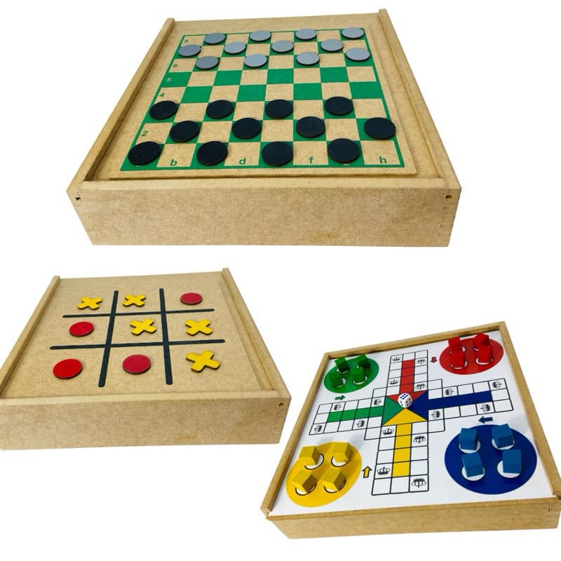 Jogo Tabuleiro 3 em 1 Jogo de Dama, Ludo e Velha Jogo de Mesa em Madeira Educativo Pedagógico