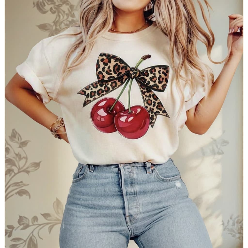 Camiseta T-shirt Feminina Cereja Laço Onça Animal Print Estilosa Moda Alta Tendência 100% Algodão
