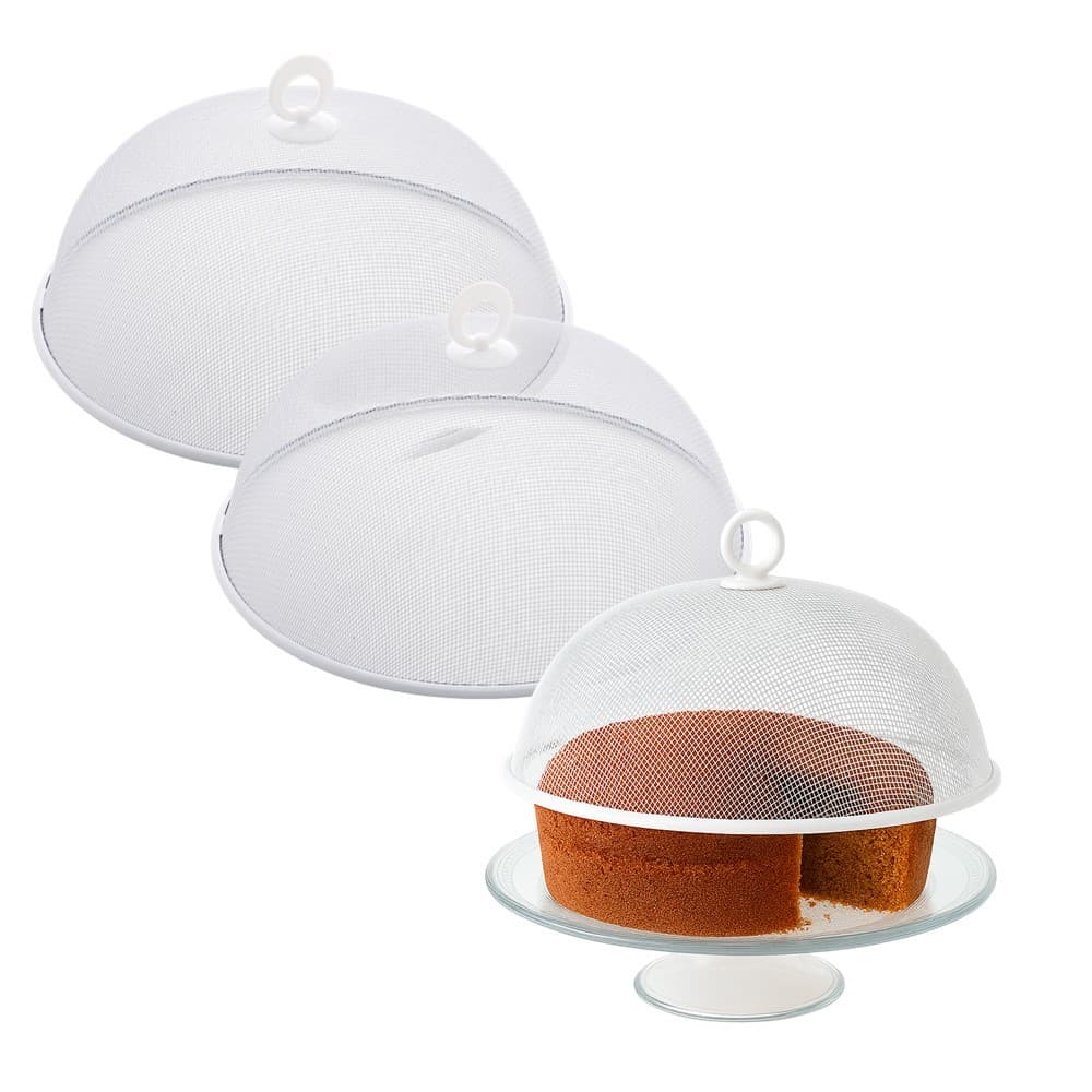 Kit 3 Tela Protetora para Alimento Cúpula Redonda de Metal Branca com Alça Lyor 30x12cm