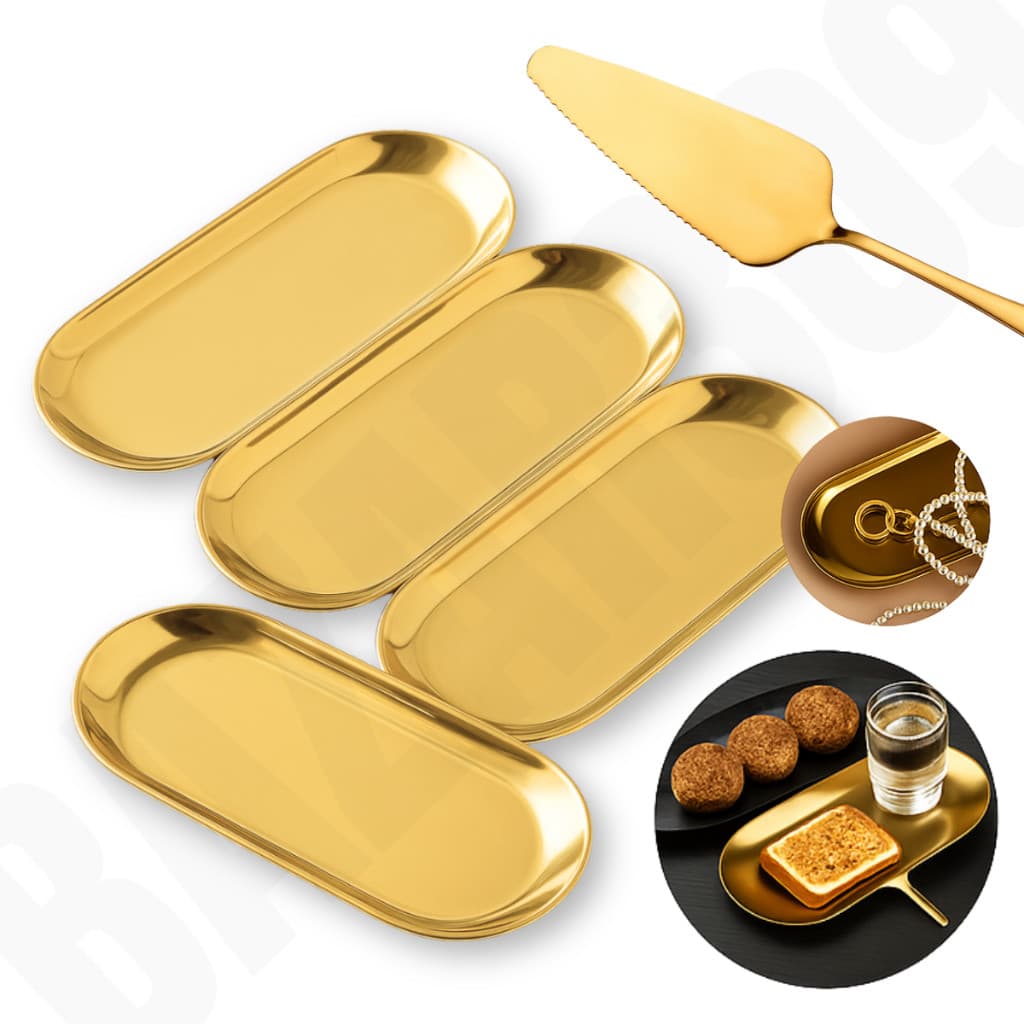 Bandeja e Espatula Dourada Aço Inoxidável Luxo Decorativa para Bolo Jóias Maquiagem Alimentos