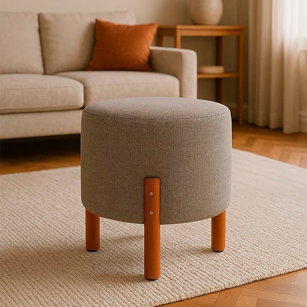 Puff Redondo Tecido Linho Luxo Decorativo Pés Madeira Maciça Sala Quarto PROMOÇÃO
