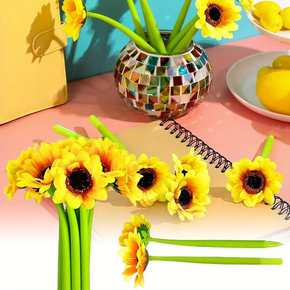 16 Canetas de Gel Criativas em Forma de Girassol, Caneta Esferográfica Redonda com Imitação de Flor, 0,5mm, Caneta para