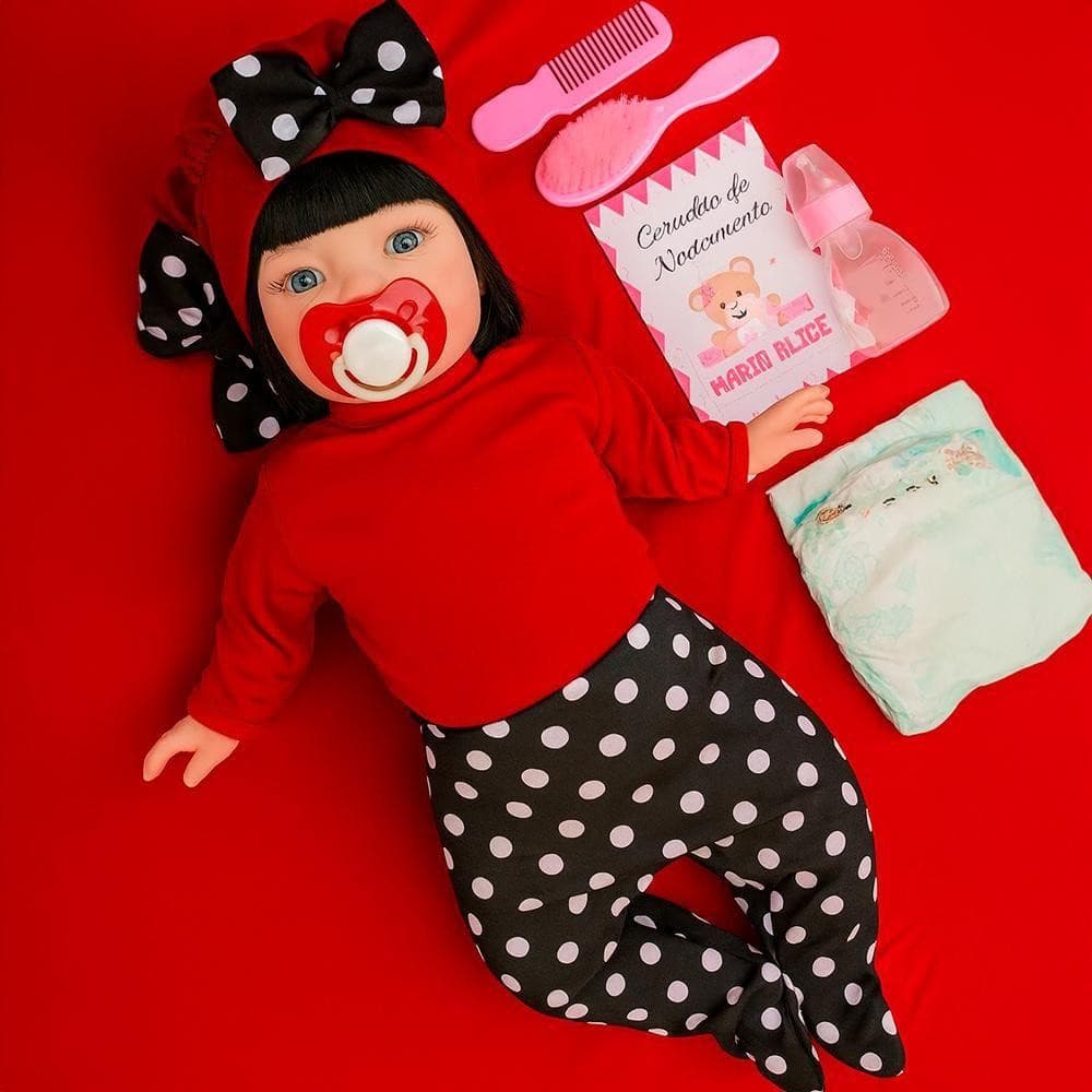 Boneca Bebê Reborn Realista  Olhos Azuis, Roupinha Minnie Acessórios - Mamãe Cheguei