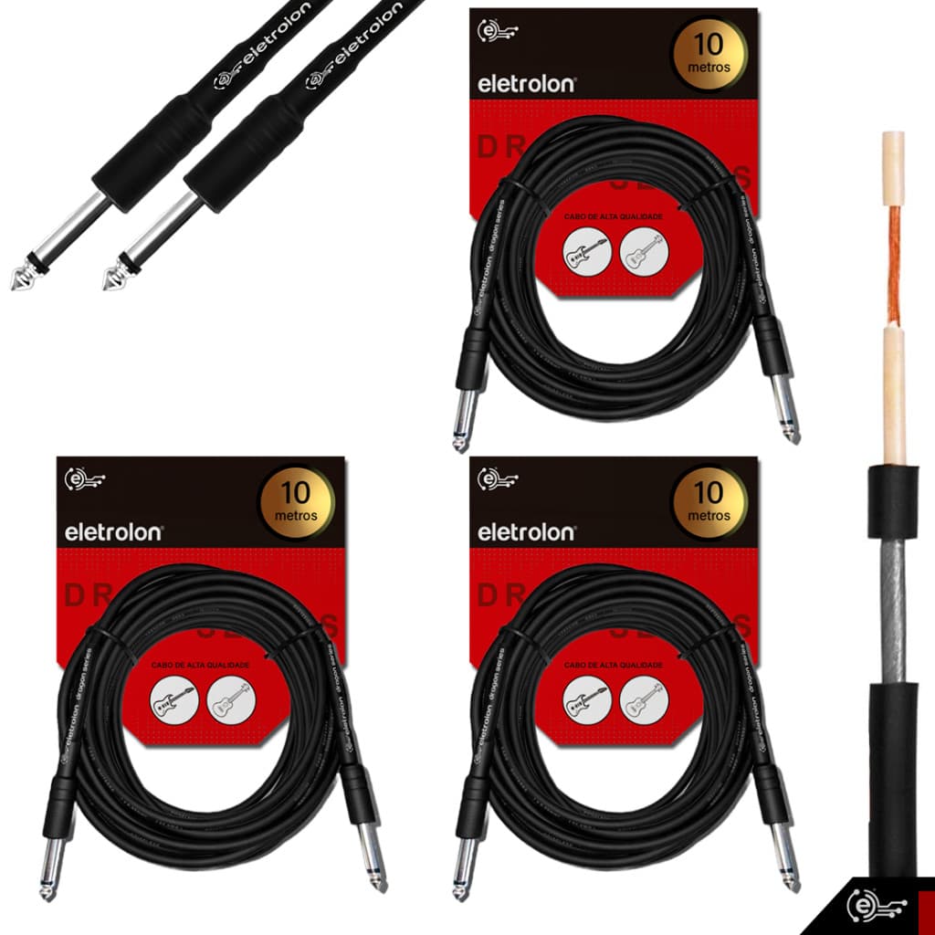 Kit 3 Cabo P10 P10 Mono P/ Violão Guitarra Baixo 10m Metros - Eletrolon