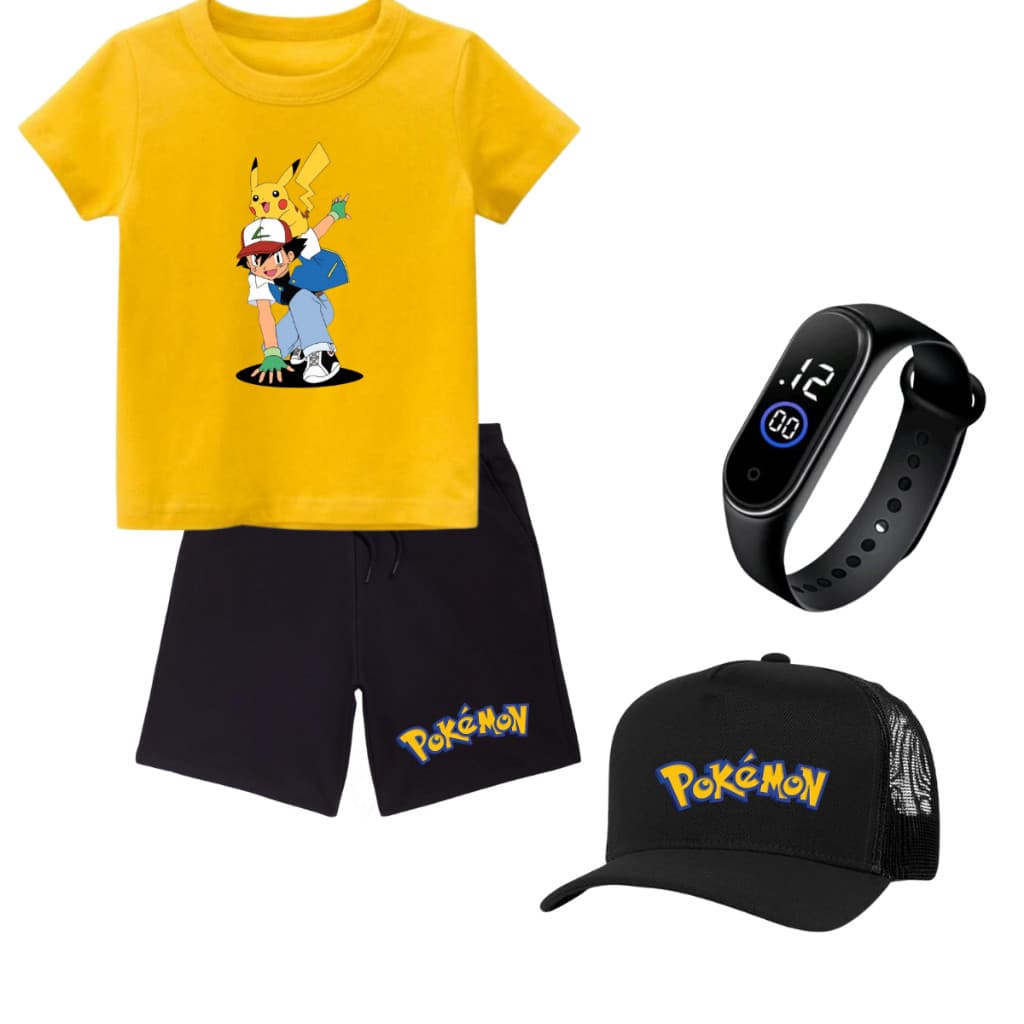 Conjunto Pokemon Pikachu Menino Camiseta  Bermuda relogio Infantil Desenho