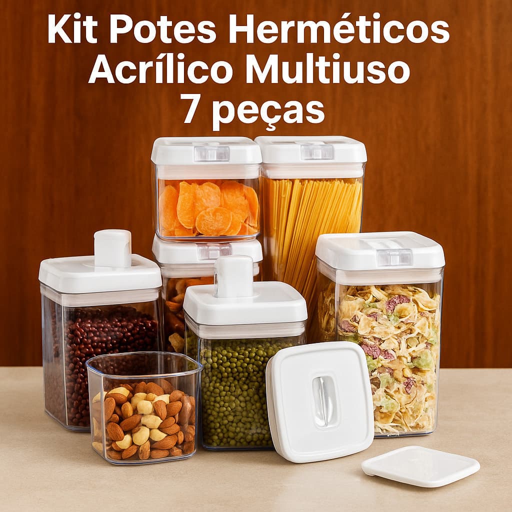Kit 7 Potes Herméticos Acrílico Multiuso Empilháveis Quadrado Resistente Cozinha Dispensa Reforçado