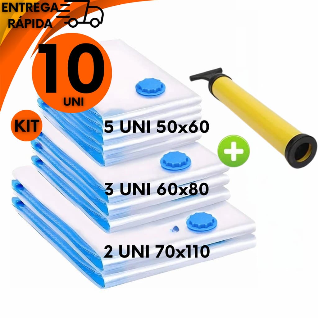 Combo 10 Saco a Vacuo Organização de Roupas Mala Viagem Guarda Roupa + Bomba Manual Premium