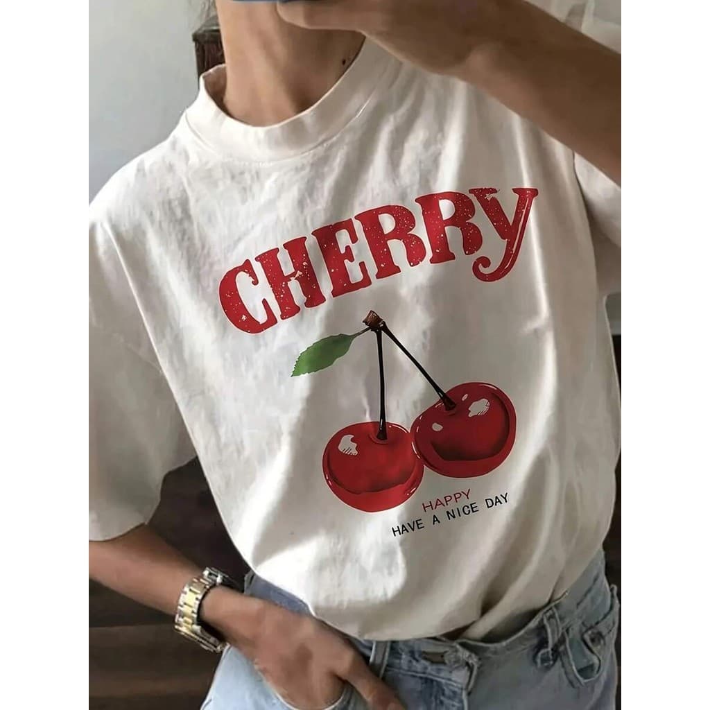Camiseta Feminina T Shit Fashion Algodão Plus Size Infantil Cherry Cereja moda Streetwear Moda Over