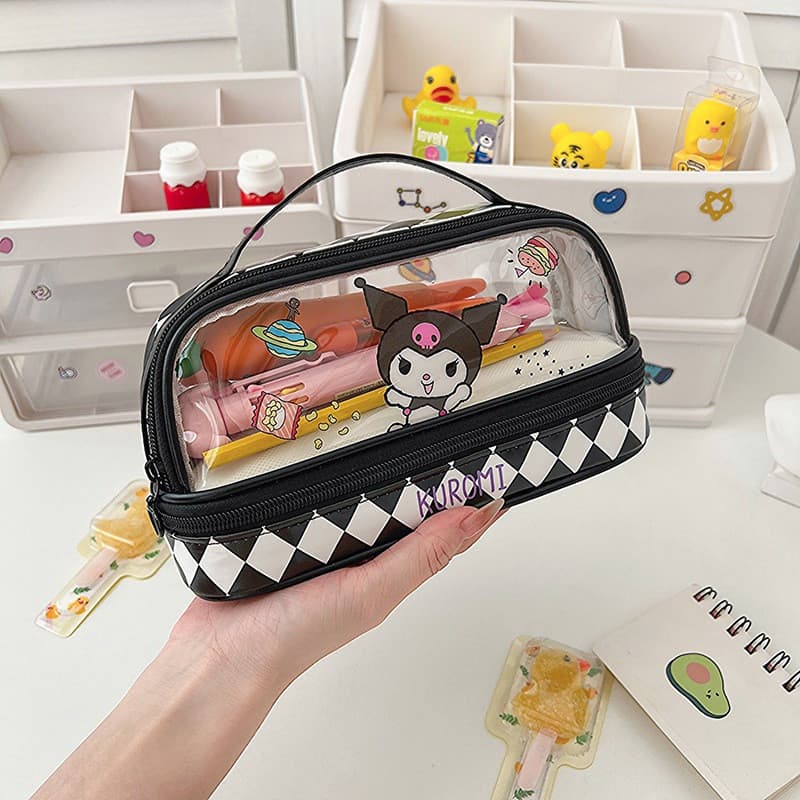 Estojo de Lápis Transparente de Grande Capacidade com Camada Dupla Kawaii Hello Kitty Dos Cartoon Kuromi Cinnamoroll Pap