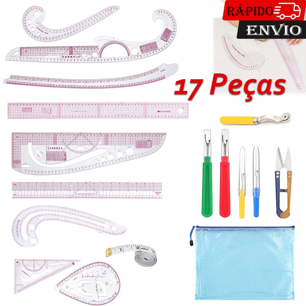 Conjunto de réguas de costura padrão 17Pçs de régua francesa de costura de plástico réguas em forma de curva métrica